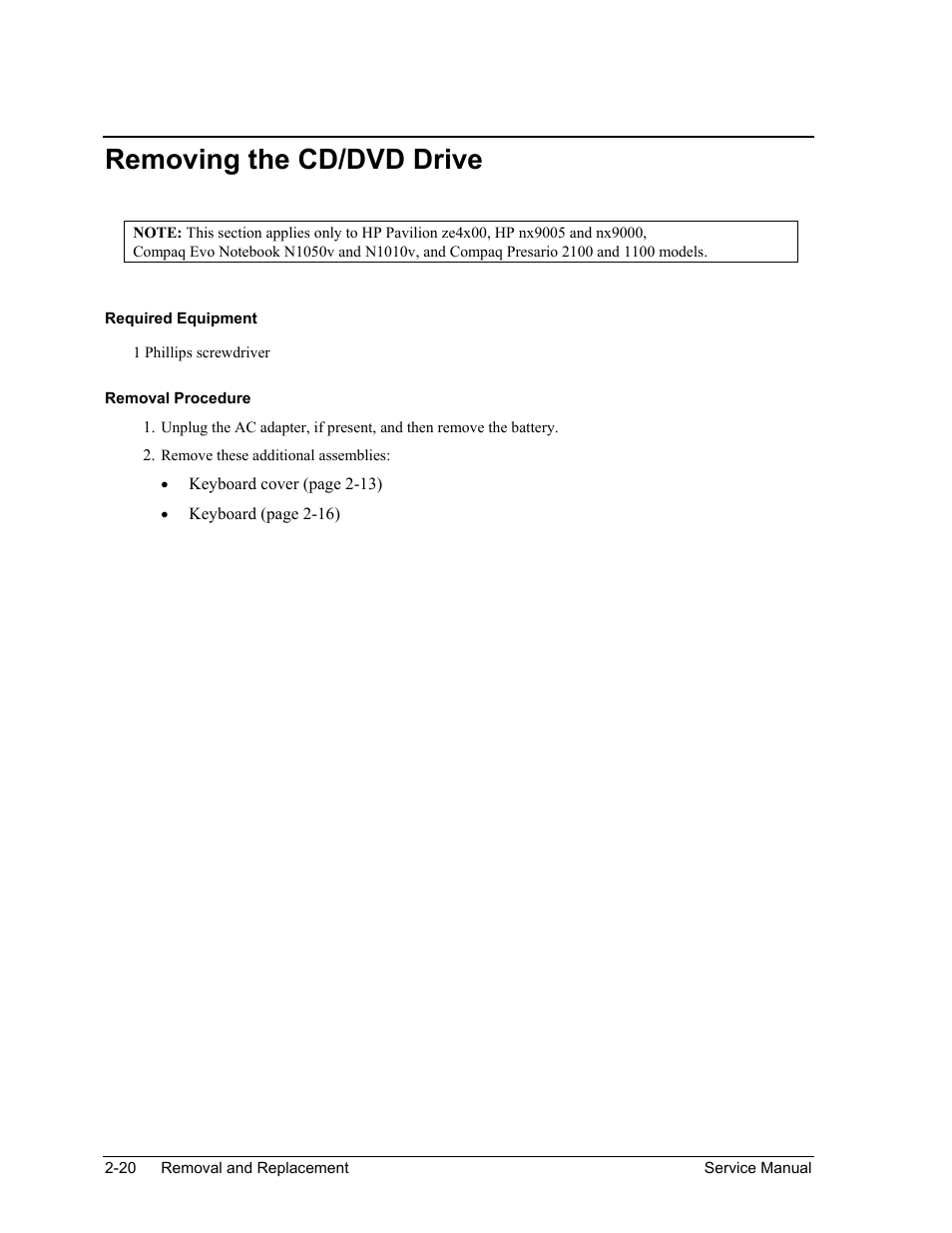 Removing the cd/dvd drive, Removing the cd/dvd drive -20 | HP PAVILION NX9005 User Manual | Page 53 / 153