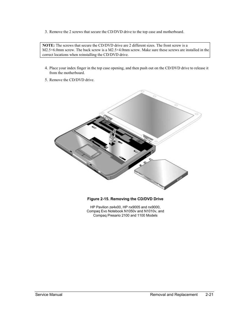 Figure 2-15. removing the cd/dvd drive -21 | HP PAVILION NX9005 User Manual | Page 54 / 153