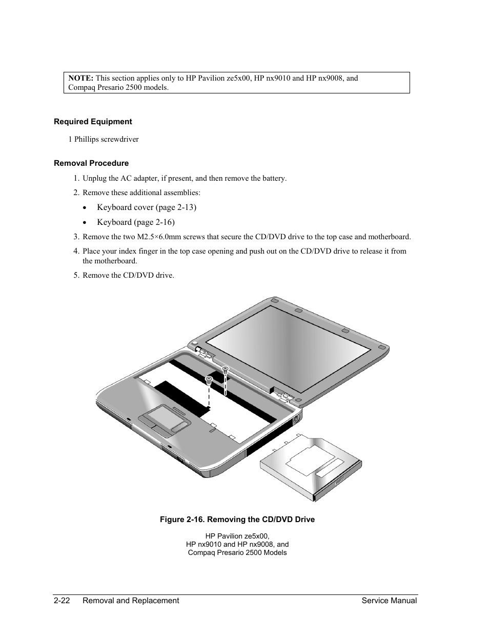 Figure 2-16. removing the cd/dvd drive -22 | HP PAVILION NX9005 User Manual | Page 55 / 153