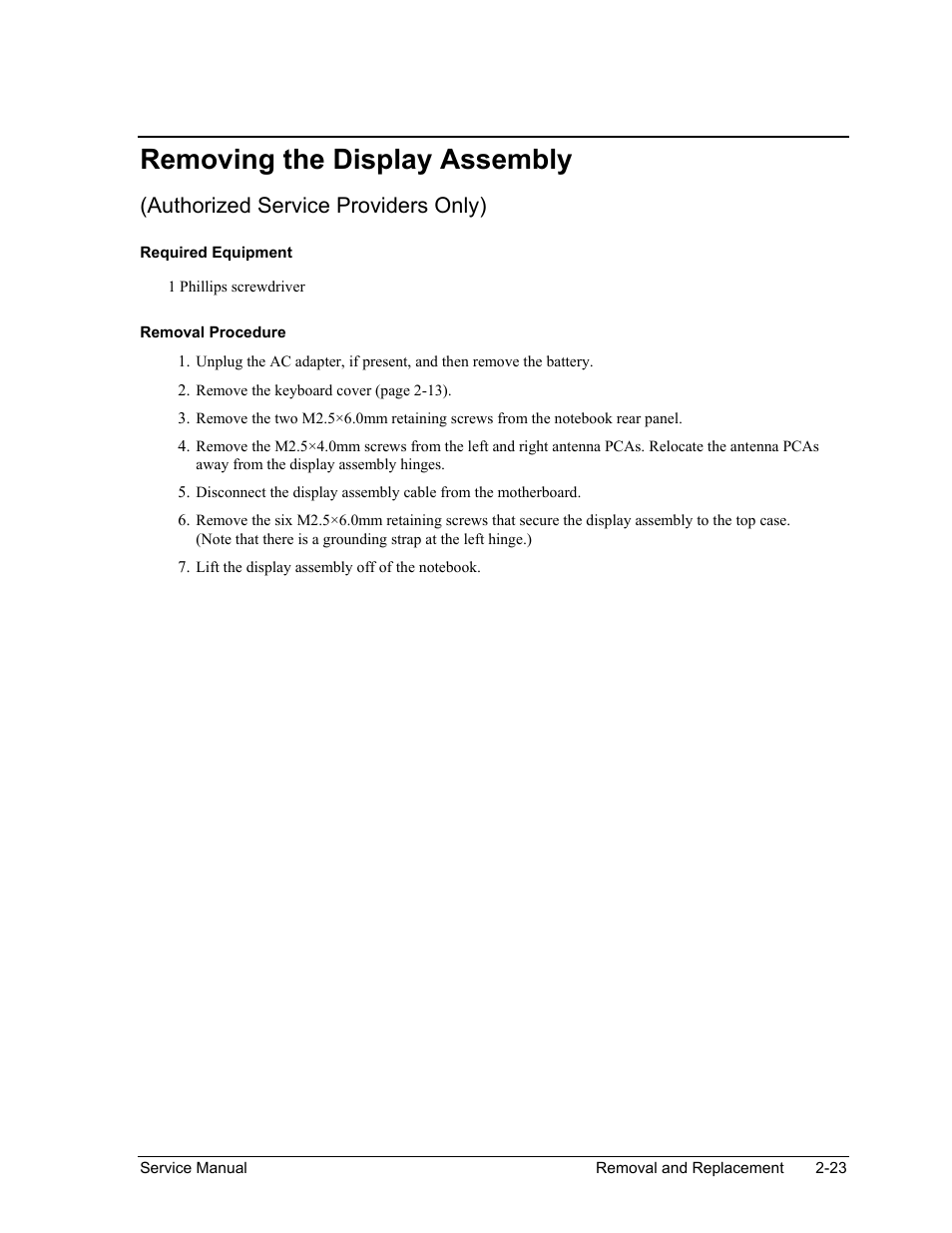 Removing the display assembly, Removing the display assembly -23, Authorized service providers only) | HP PAVILION NX9005 User Manual | Page 56 / 153