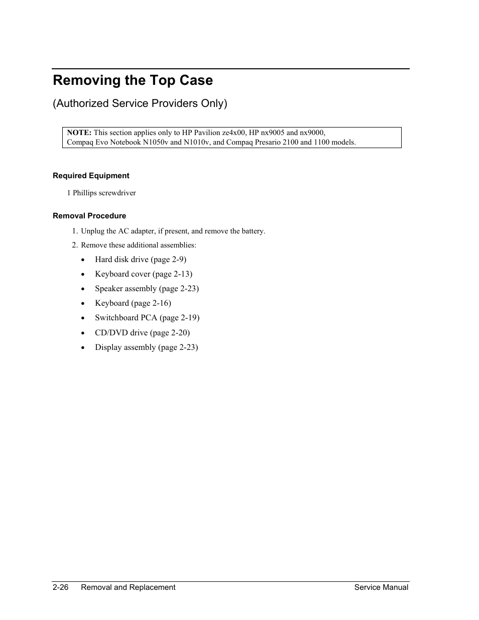 Removing the top case, Removing the top case -26, Authorized service providers only) | HP PAVILION NX9005 User Manual | Page 59 / 153