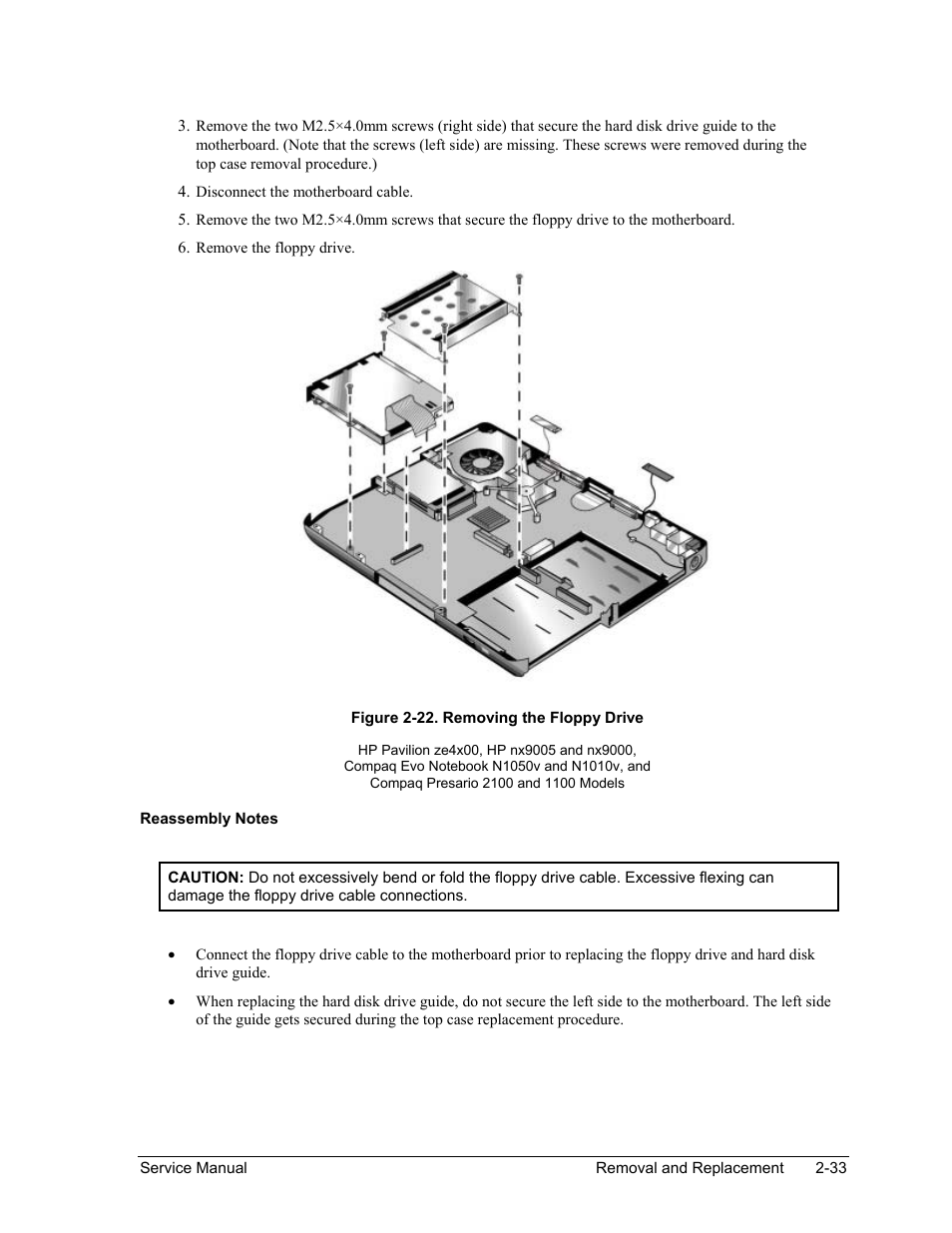 Figure 2-22. removing the floppy drive -33 | HP PAVILION NX9005 User Manual | Page 66 / 153