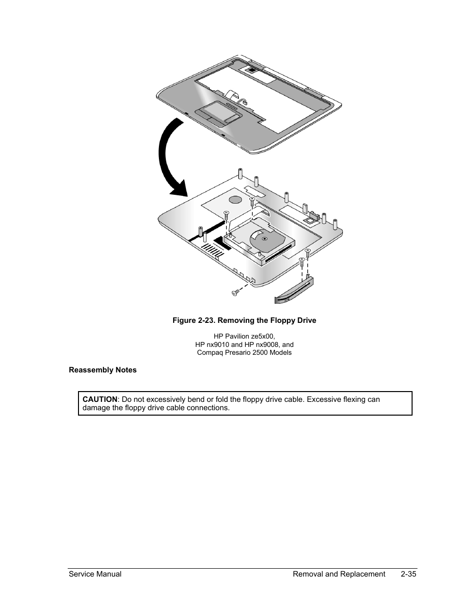 Figure 2-23. removing the floppy drive -35 | HP PAVILION NX9005 User Manual | Page 68 / 153