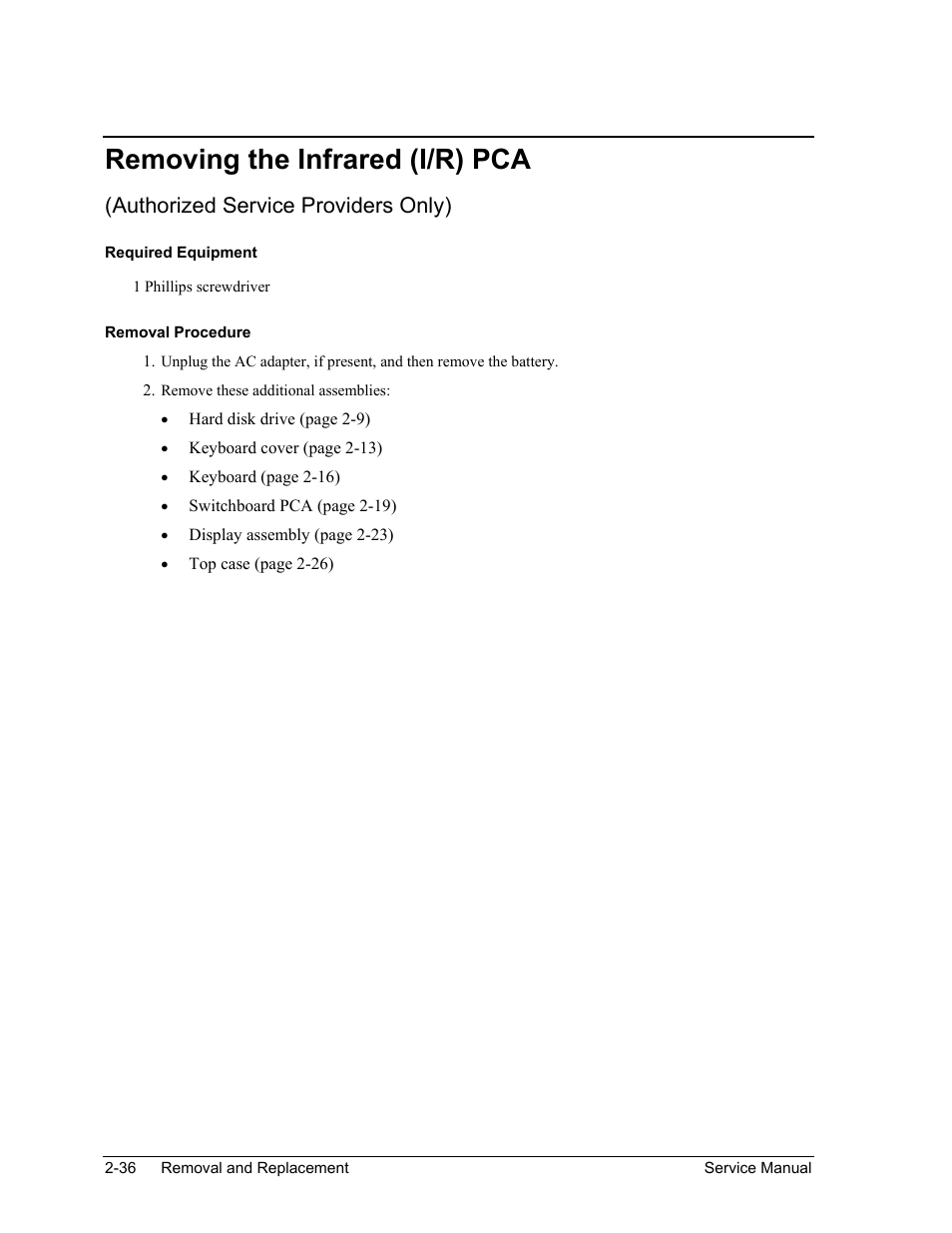 Removing the infrared (i/r) pca, Removing the infrared (i/r) pca -36, Authorized service providers only) | HP PAVILION NX9005 User Manual | Page 69 / 153