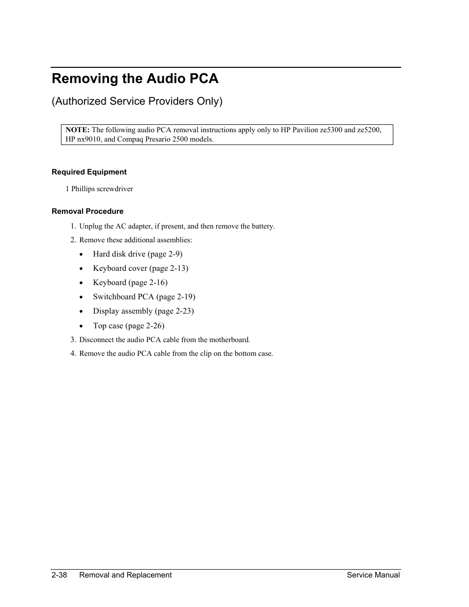 Removing the audio pca, Removing the audio pca -38, Authorized service providers only) | HP PAVILION NX9005 User Manual | Page 71 / 153