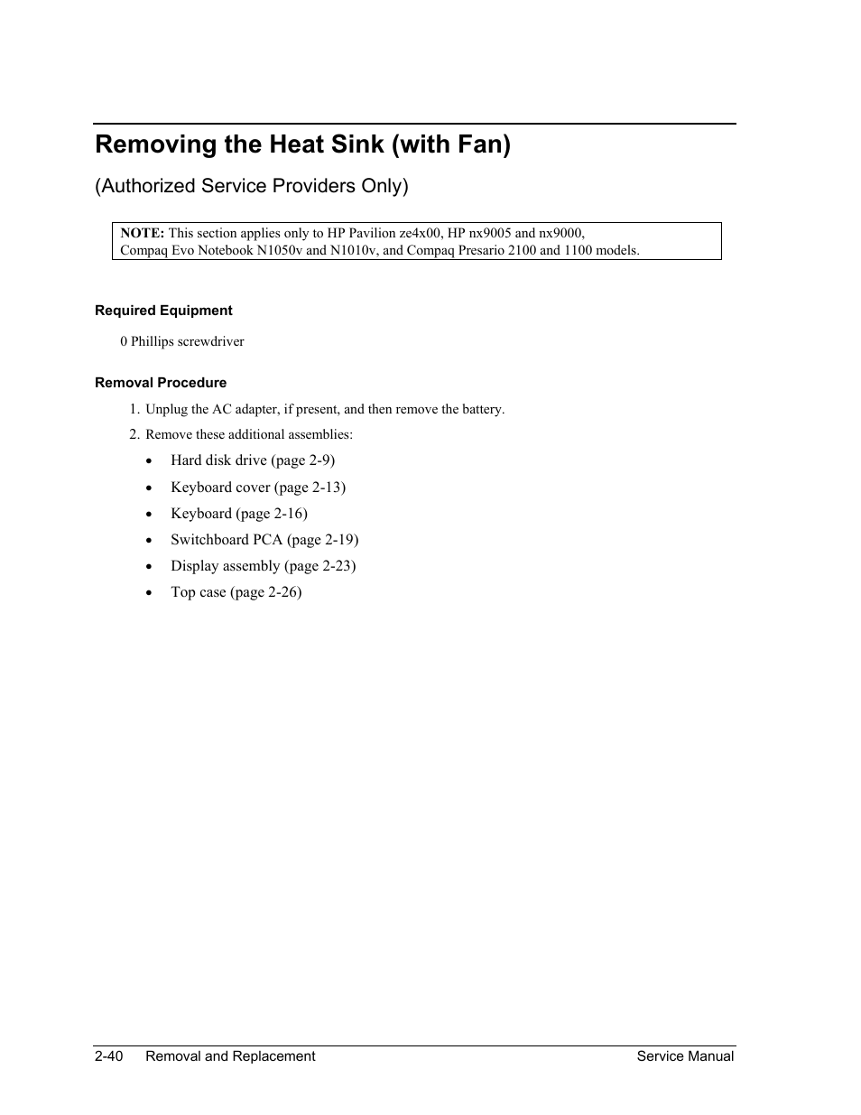 Removing the heat sink (with fan), Removing the heat sink (with fan) -40, Authorized service providers only) | HP PAVILION NX9005 User Manual | Page 73 / 153