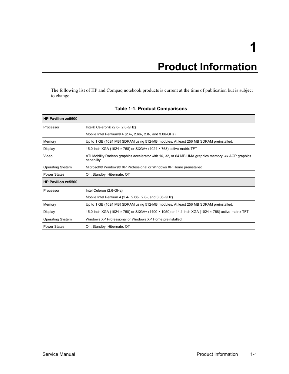 Product information, Product information -1, Table 1-1. product comparisons -1 | HP PAVILION NX9005 User Manual | Page 8 / 153