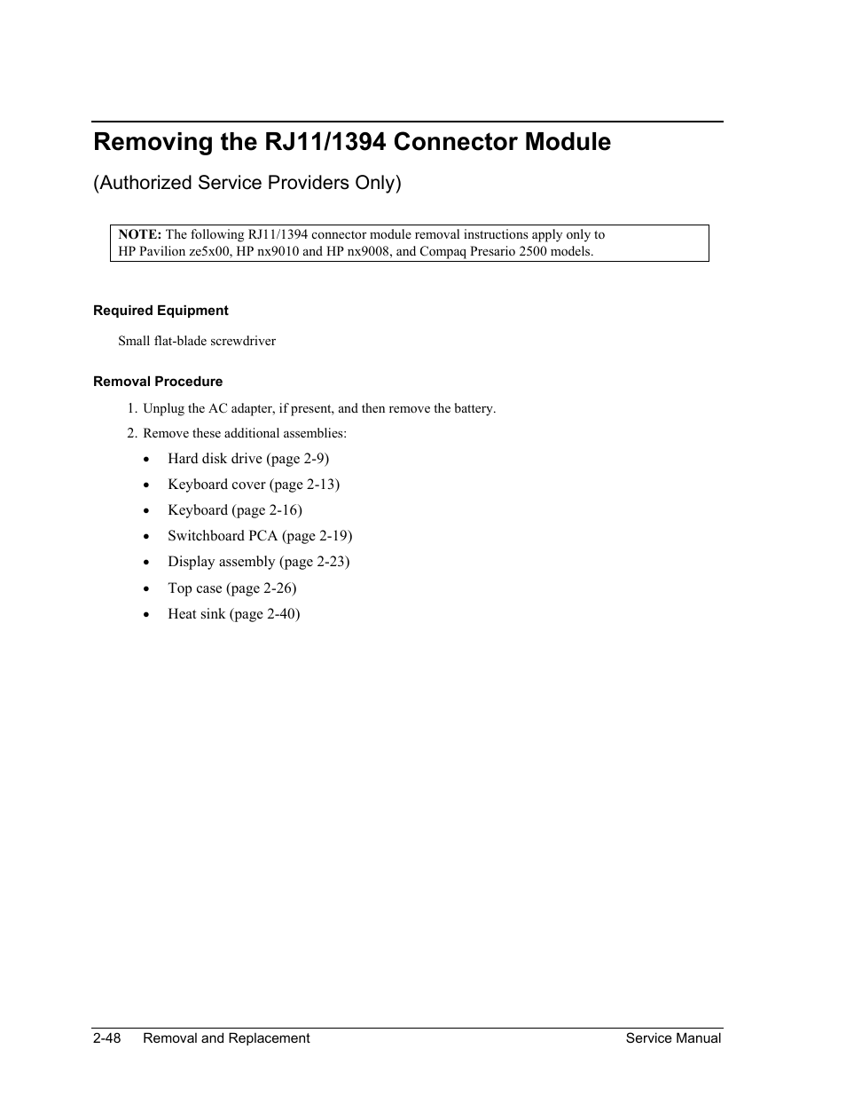 Removing the rj11/1394 connector module, Removing the rj11/1394 connector module -48, Authorized service providers only) | HP PAVILION NX9005 User Manual | Page 81 / 153