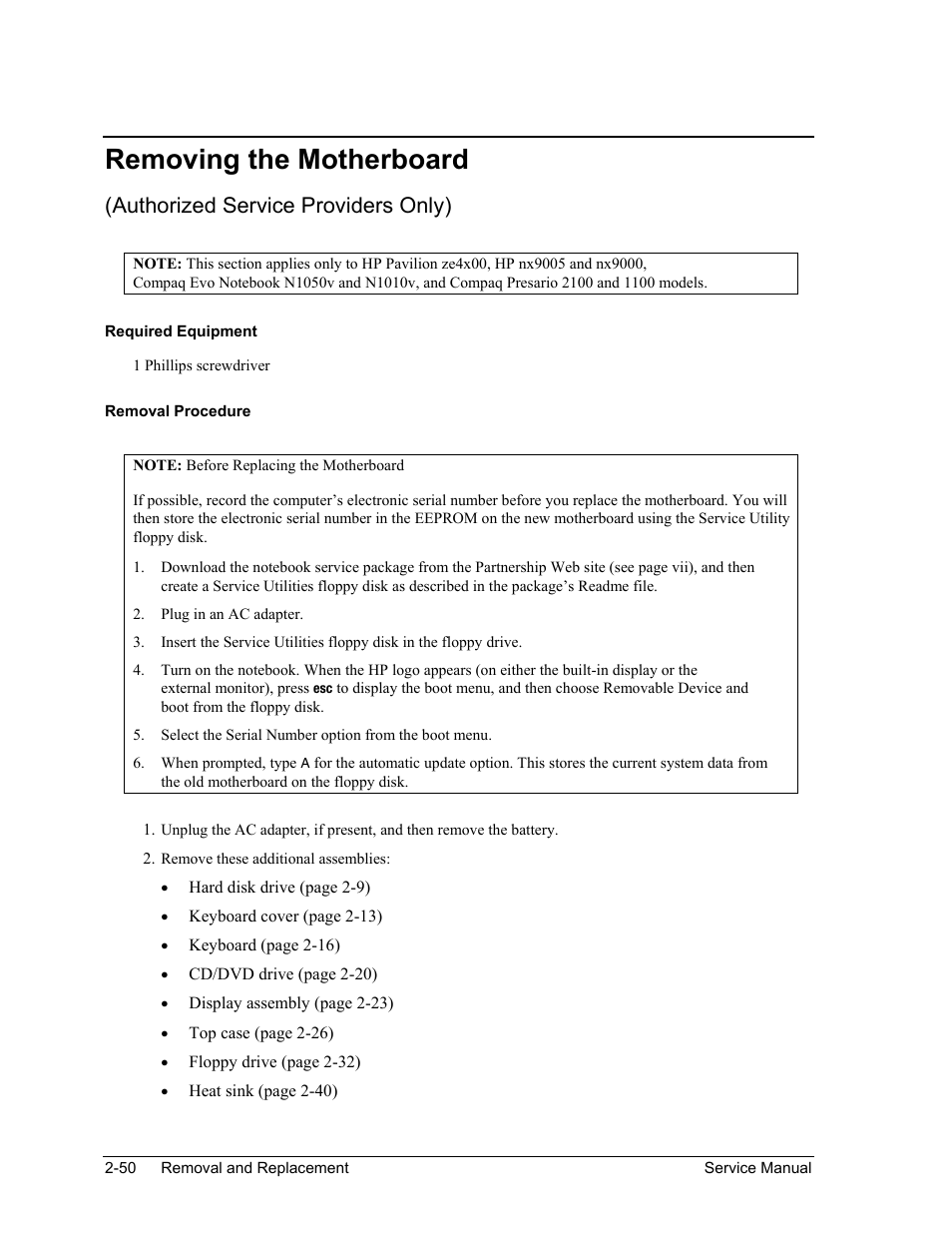 Removing the motherboard, Removing the motherboard -50, Authorized service providers only) | HP PAVILION NX9005 User Manual | Page 83 / 153