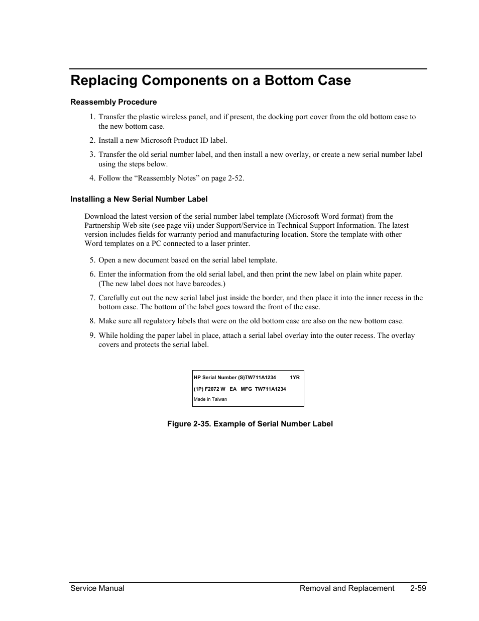 Replacing components on a bottom case, Replacing components on a bottom case -59, Figure 2-35. example of serial number label -59 | HP PAVILION NX9005 User Manual | Page 92 / 153