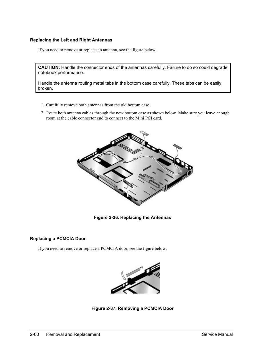 Figure 2-36. replacing the antennas -60, Figure 2-37. removing a pcmcia door -60 | HP PAVILION NX9005 User Manual | Page 93 / 153