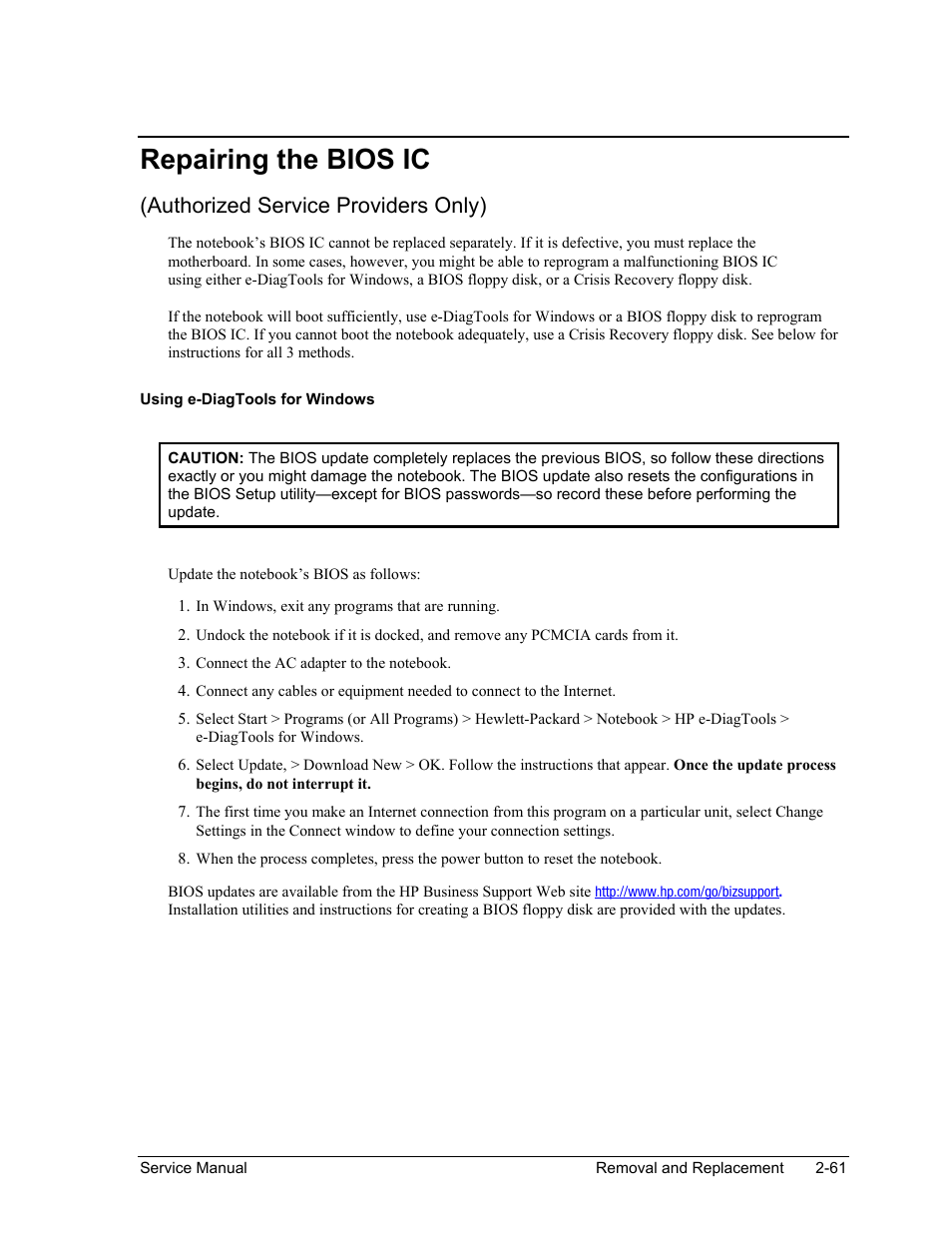 Repairing the bios ic, Repairing the bios ic -61, Authorized service providers only) | HP PAVILION NX9005 User Manual | Page 94 / 153