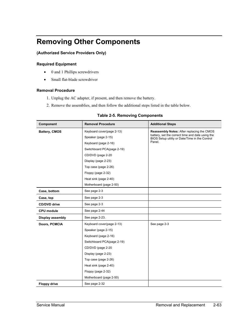 Removing other components, Removing other components -63, Table 2-5. removing components -63 | HP PAVILION NX9005 User Manual | Page 96 / 153