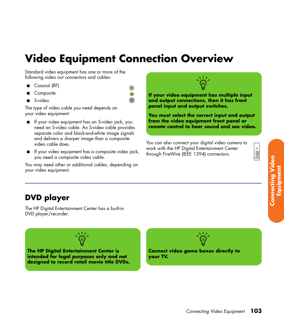 Video equipment connection overview, Dvd player | HP 2307890A User Manual | Page 109 / 194