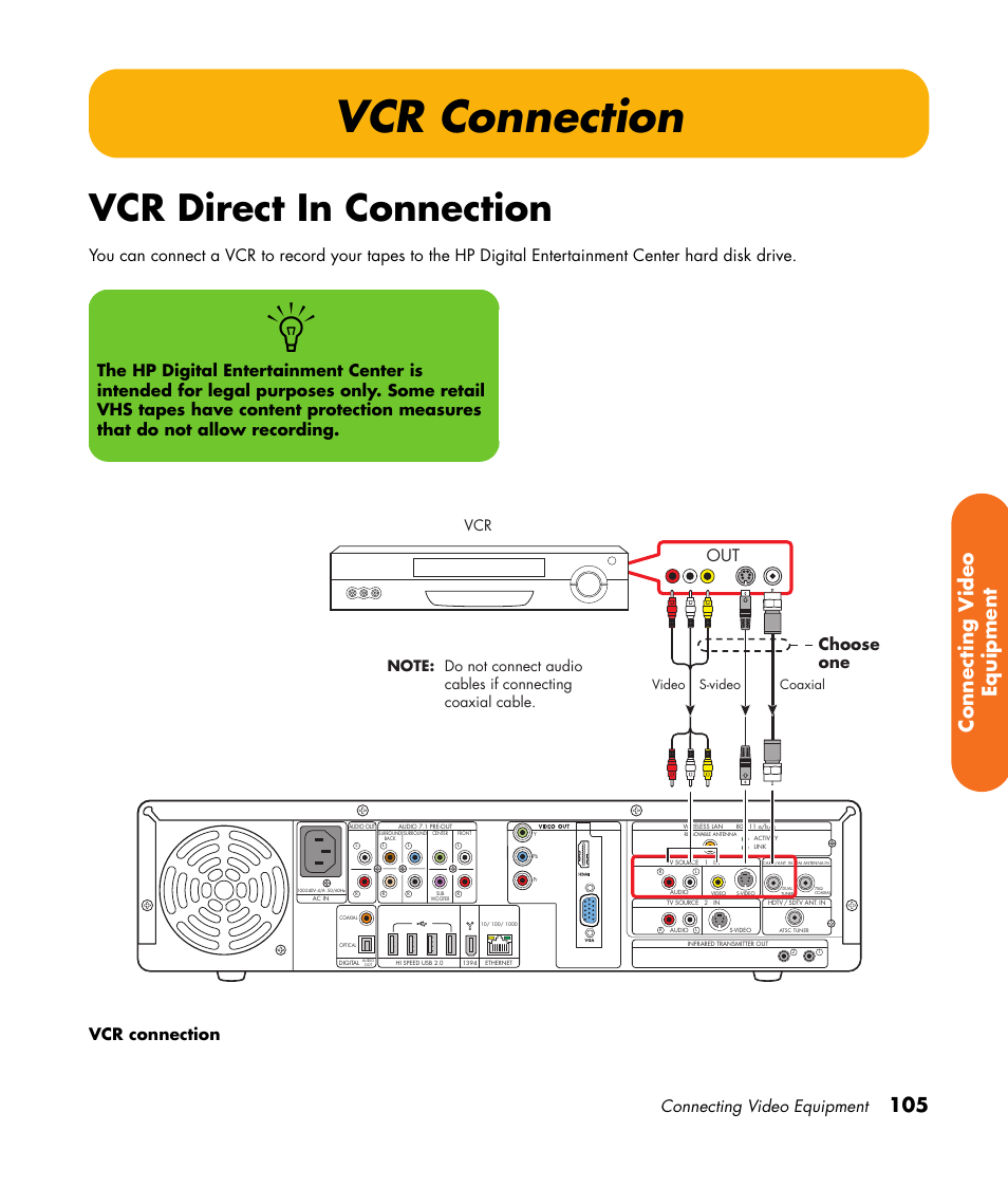 Vcr connection, Vcr direct in connection, 105 connecting v ideo equipment | Connecting video equipment, Choose one out, Video s-video, Coaxial | HP 2307890A User Manual | Page 111 / 194