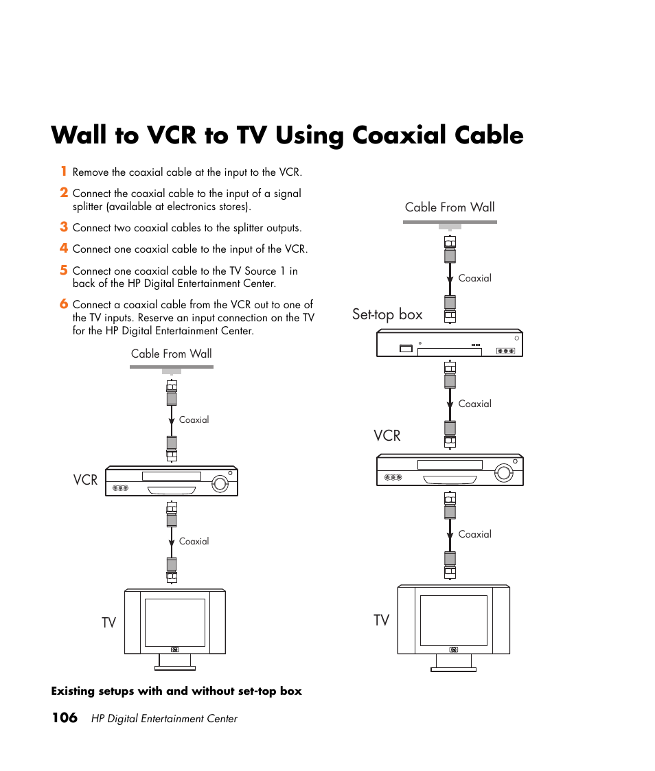 Wall to vcr to tv using coaxial cable, Tv vcr set-top box | HP 2307890A User Manual | Page 112 / 194