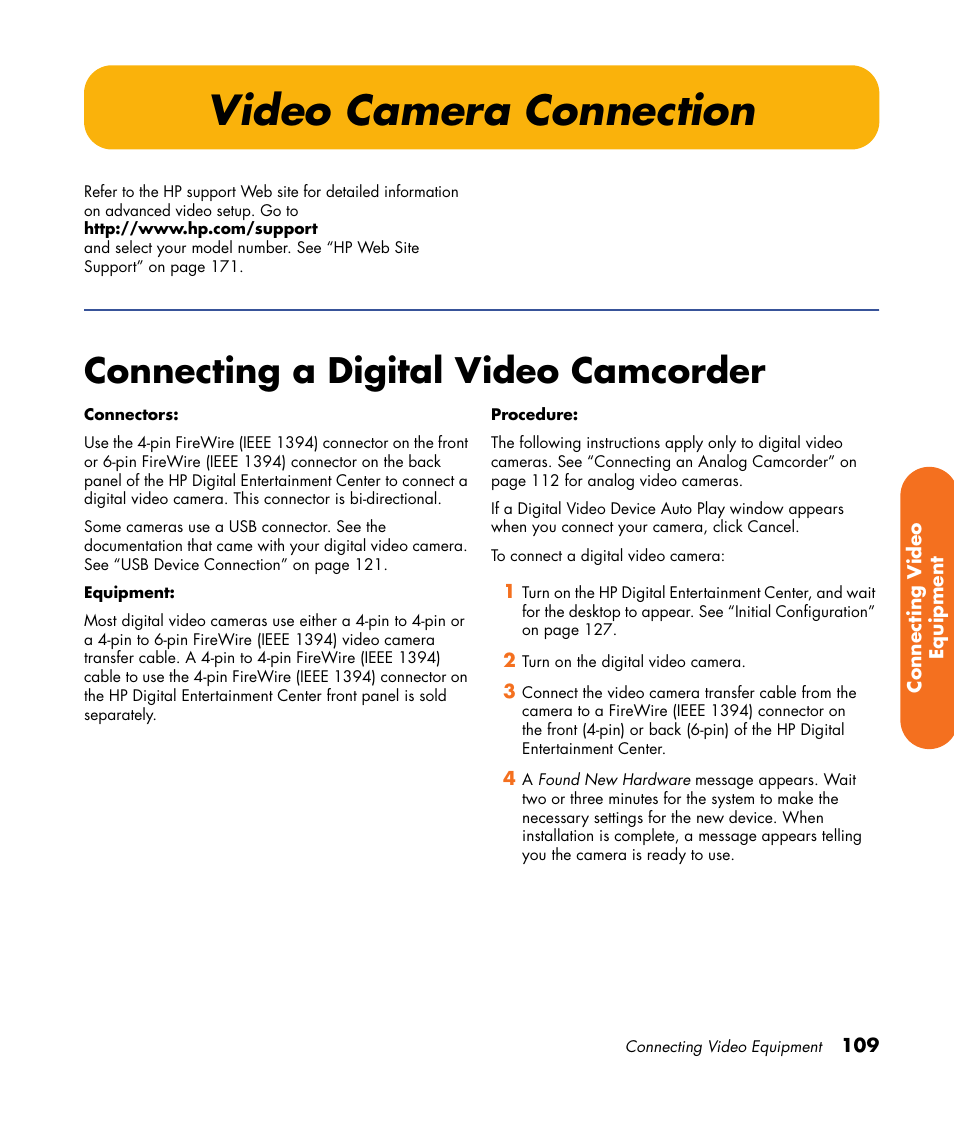 Video camera connection, Connecting a digital video camcorder | HP 2307890A User Manual | Page 115 / 194