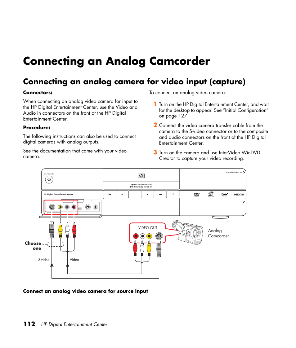 Connecting an analog camcorder | HP 2307890A User Manual | Page 118 / 194