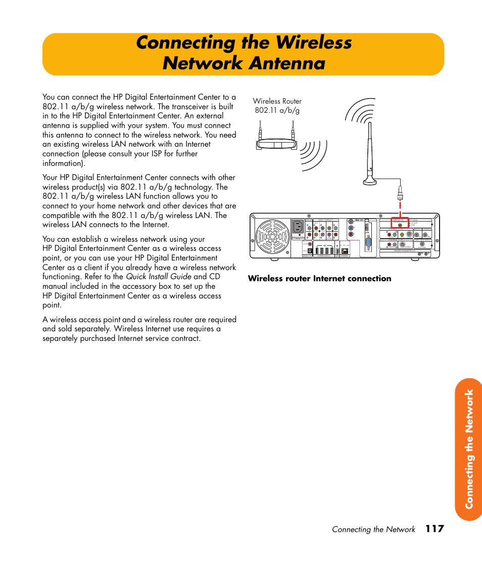 Connecting the wireless network antenna, Connecting the wireless network, Antenna | 117 connecting the network, Connecting the network, Audio out | HP 2307890A User Manual | Page 123 / 194