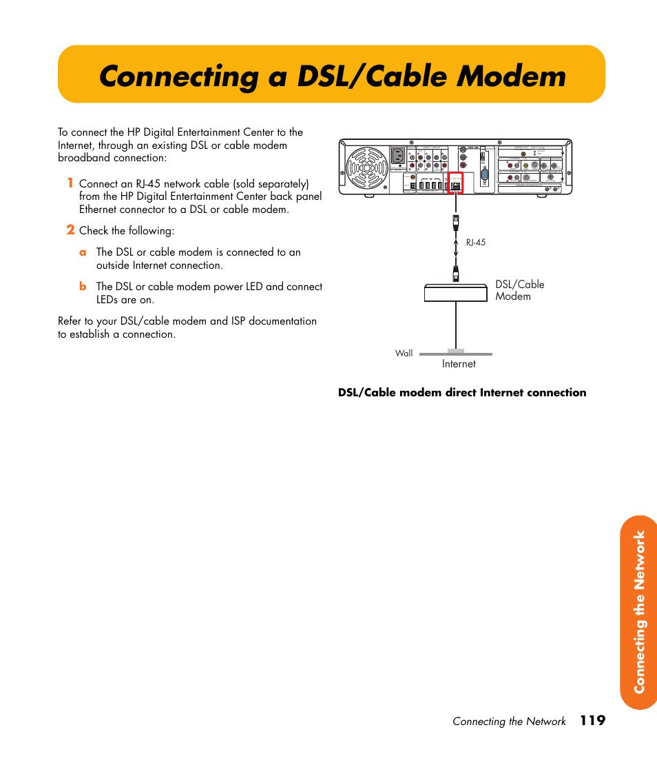 Connecting a dsl/cable modem, 119 connecting the network, Connecting the network | Internet dsl/cable modem, Audio out, Cable/ant. in fm antenna in, Coaxial dual tuner, Wall, Rj-45 | HP 2307890A User Manual | Page 125 / 194