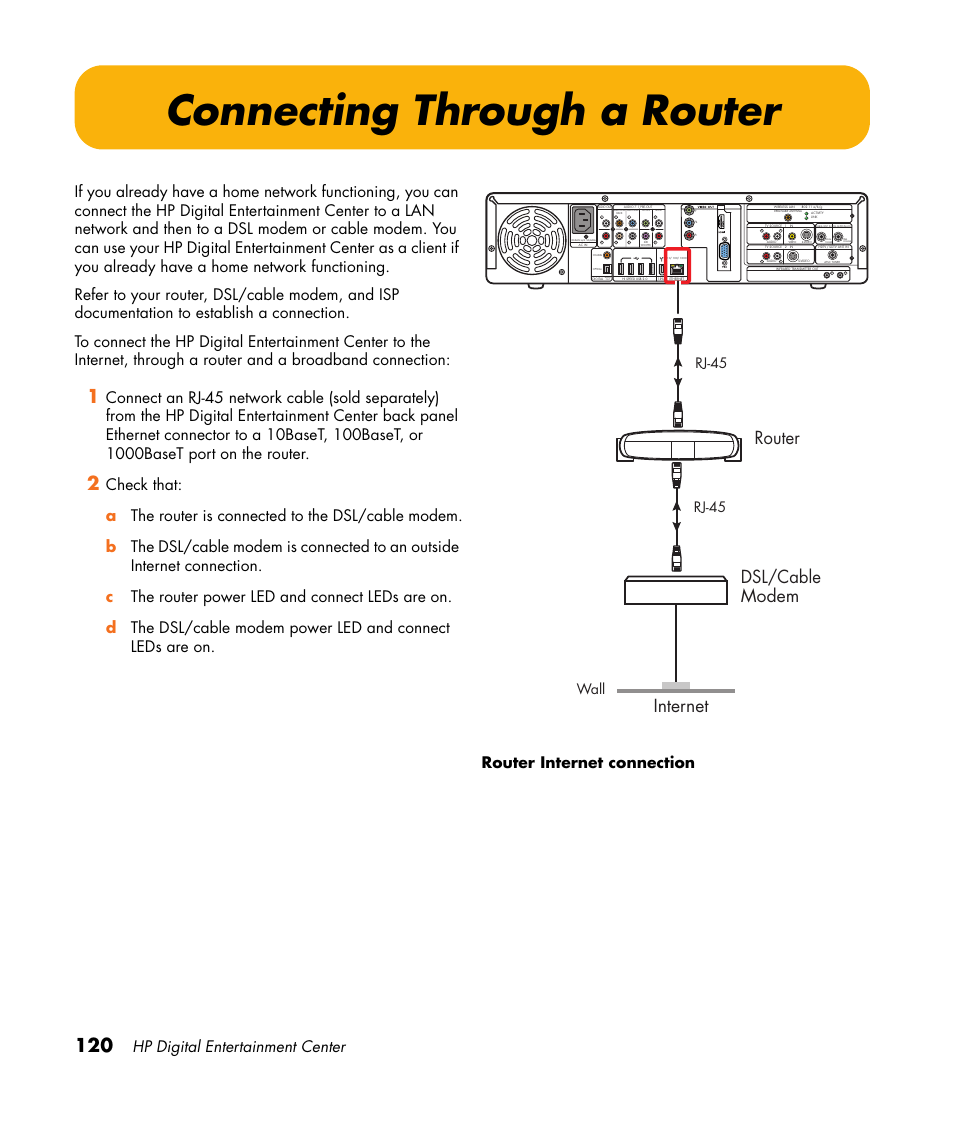 Connecting through a router, Router, Internet dsl/cable modem | Hp digital entertainment center, Rj-45 wall, Rj-45 | HP 2307890A User Manual | Page 126 / 194