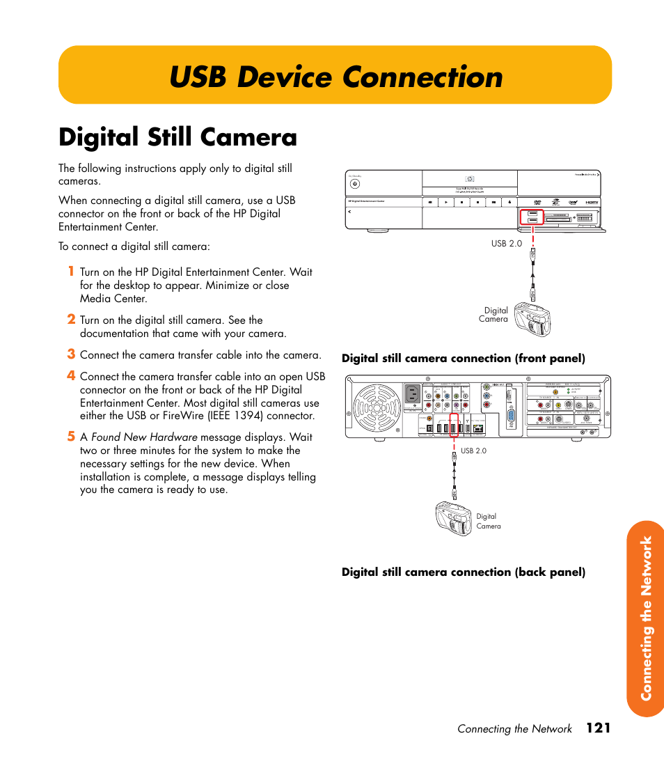 Usb device connection, Digital still camera, 121 connecting the network | Connecting the network, Connect the camera transfer cable into the camera, Usb 2.0 digital camera | HP 2307890A User Manual | Page 127 / 194