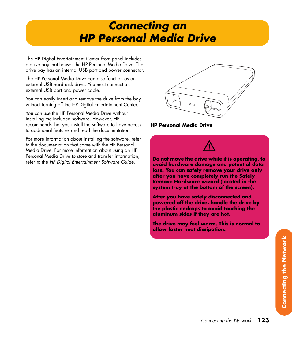 Connecting an hp personal media drive, Connecting an hp personal, Media drive | HP 2307890A User Manual | Page 129 / 194