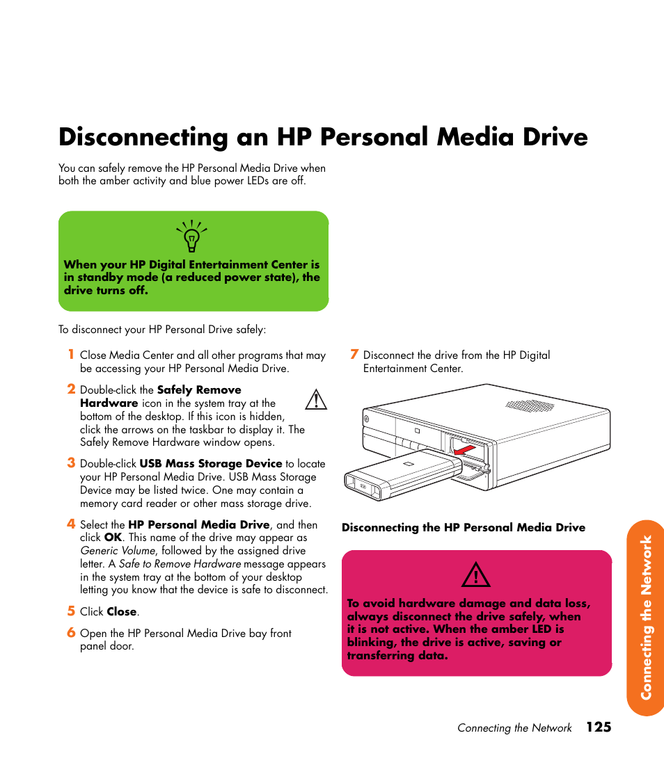 Disconnecting an hp personal media drive | HP 2307890A User Manual | Page 131 / 194