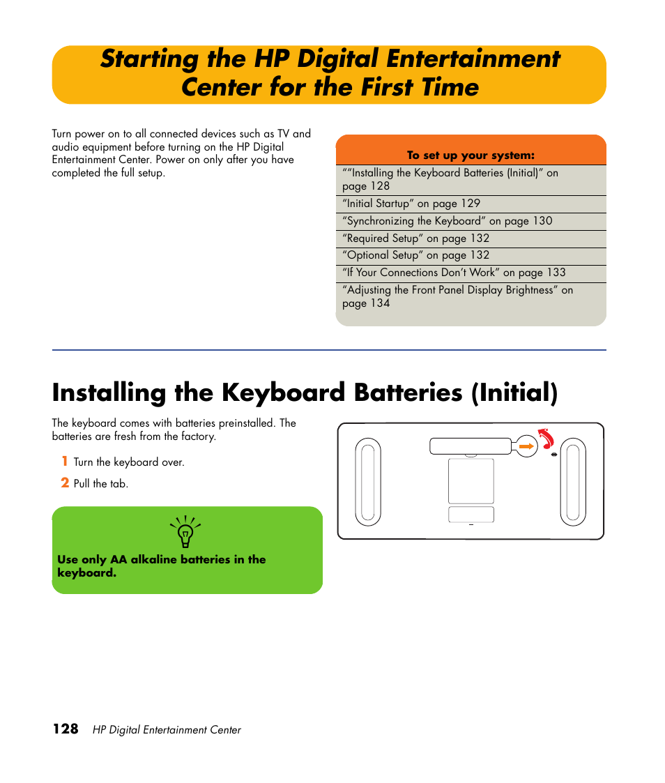 Installing the keyboard batteries (initial), Starting the hp digital entertainment, Center for the first time | HP 2307890A User Manual | Page 134 / 194