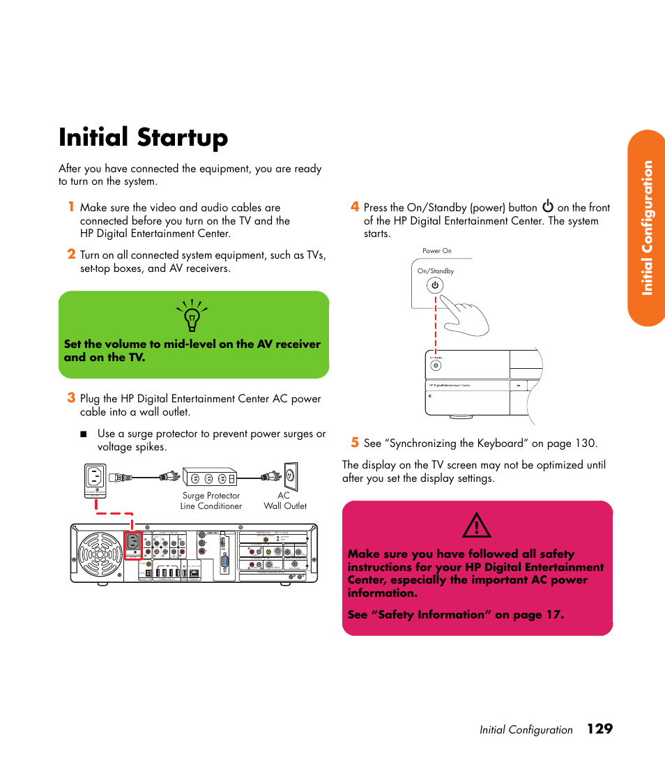 Initial startup, 129 initial configuration, Initial configuration | Audio out, Surge protector line conditioner, Ac wall outlet | HP 2307890A User Manual | Page 135 / 194