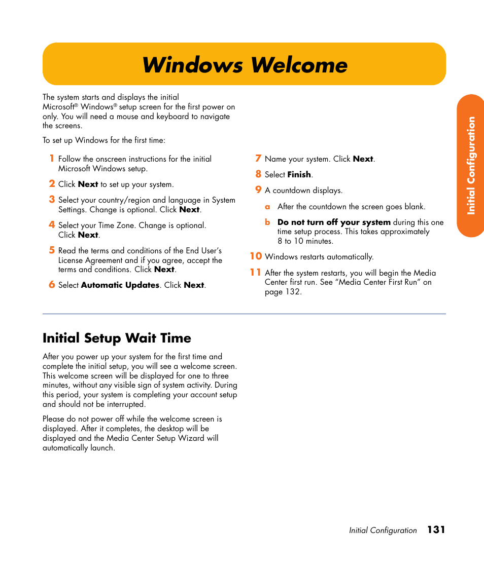 Windows welcome, Initial setup wait time | HP 2307890A User Manual | Page 137 / 194