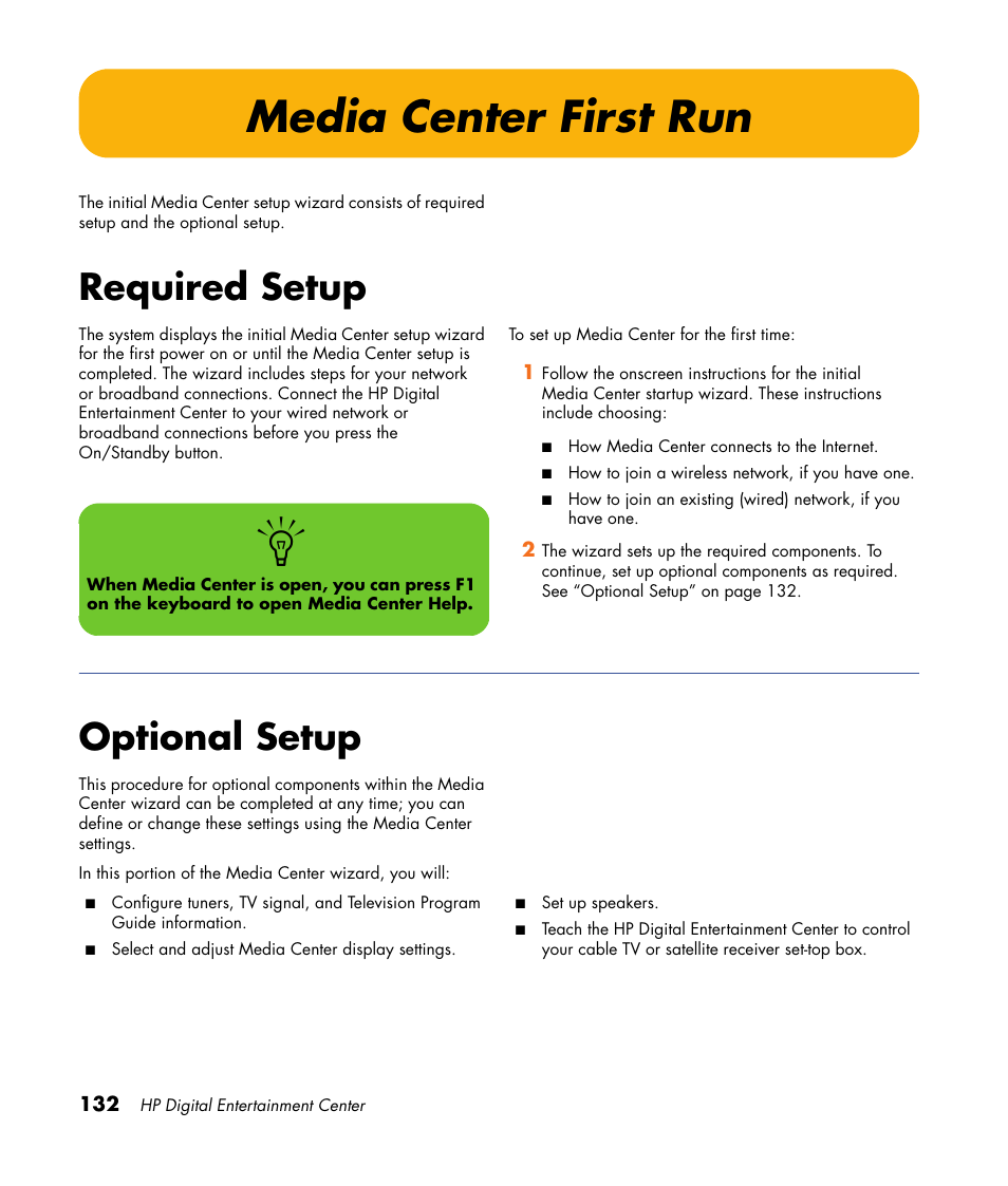 Media center first run, Required setup, Optional setup | Required setup optional setup | HP 2307890A User Manual | Page 138 / 194