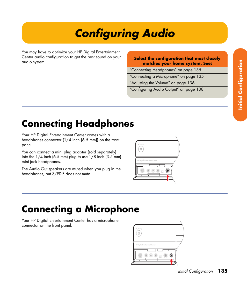 Configuring audio, Connecting headphones, Connecting a microphone | Connecting headphones connecting a microphone | HP 2307890A User Manual | Page 141 / 194