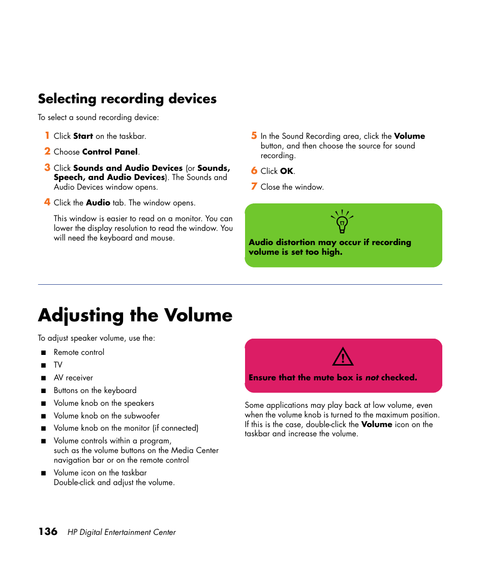 Selecting recording devices, Adjusting the volume | HP 2307890A User Manual | Page 142 / 194