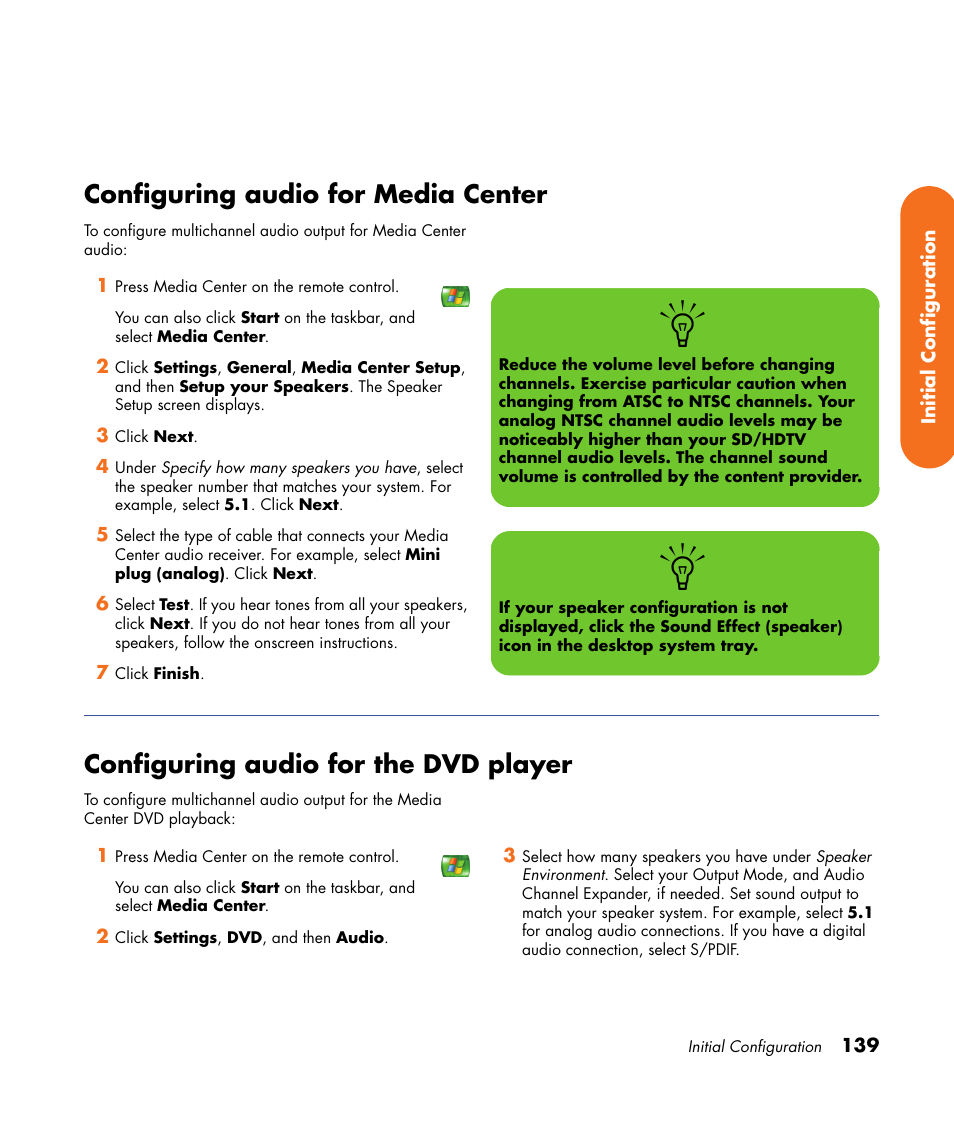 Configuring audio for media center, Configuring audio for the dvd player | HP 2307890A User Manual | Page 145 / 194