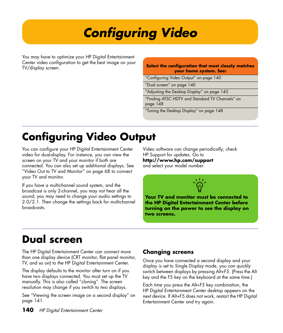 Configuring video, Configuring video output, Dual screen | Configuring video output dual screen | HP 2307890A User Manual | Page 146 / 194