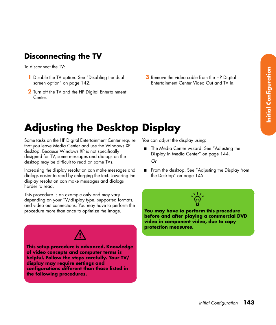 Disconnecting the tv, Adjusting the desktop display | HP 2307890A User Manual | Page 149 / 194