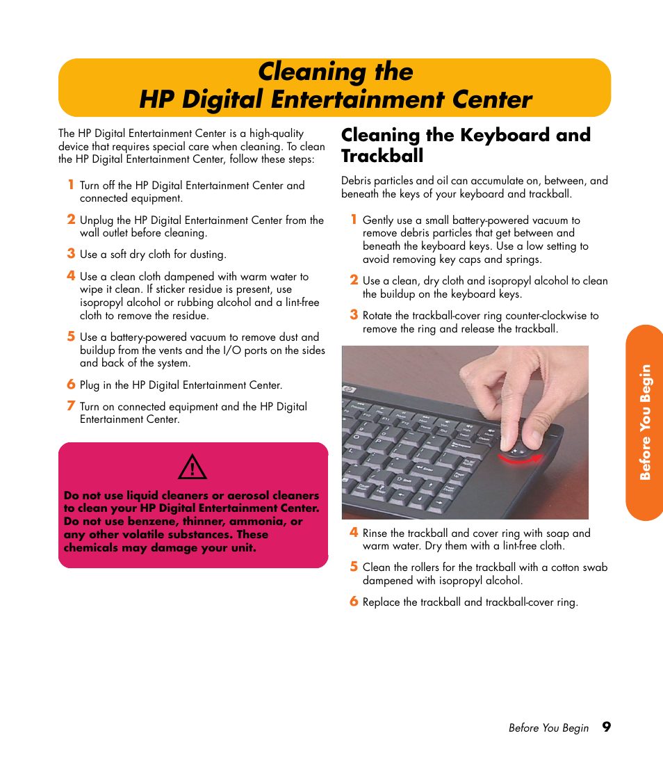 Cleaning the hp digital entertainment center, Cleaning the keyboard and trackball, Cleaning the hp digital | Entertainment center | HP 2307890A User Manual | Page 15 / 194