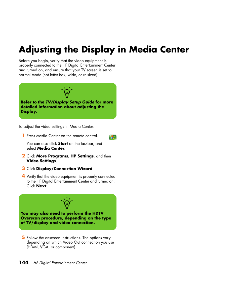 Adjusting the display in media center | HP 2307890A User Manual | Page 150 / 194