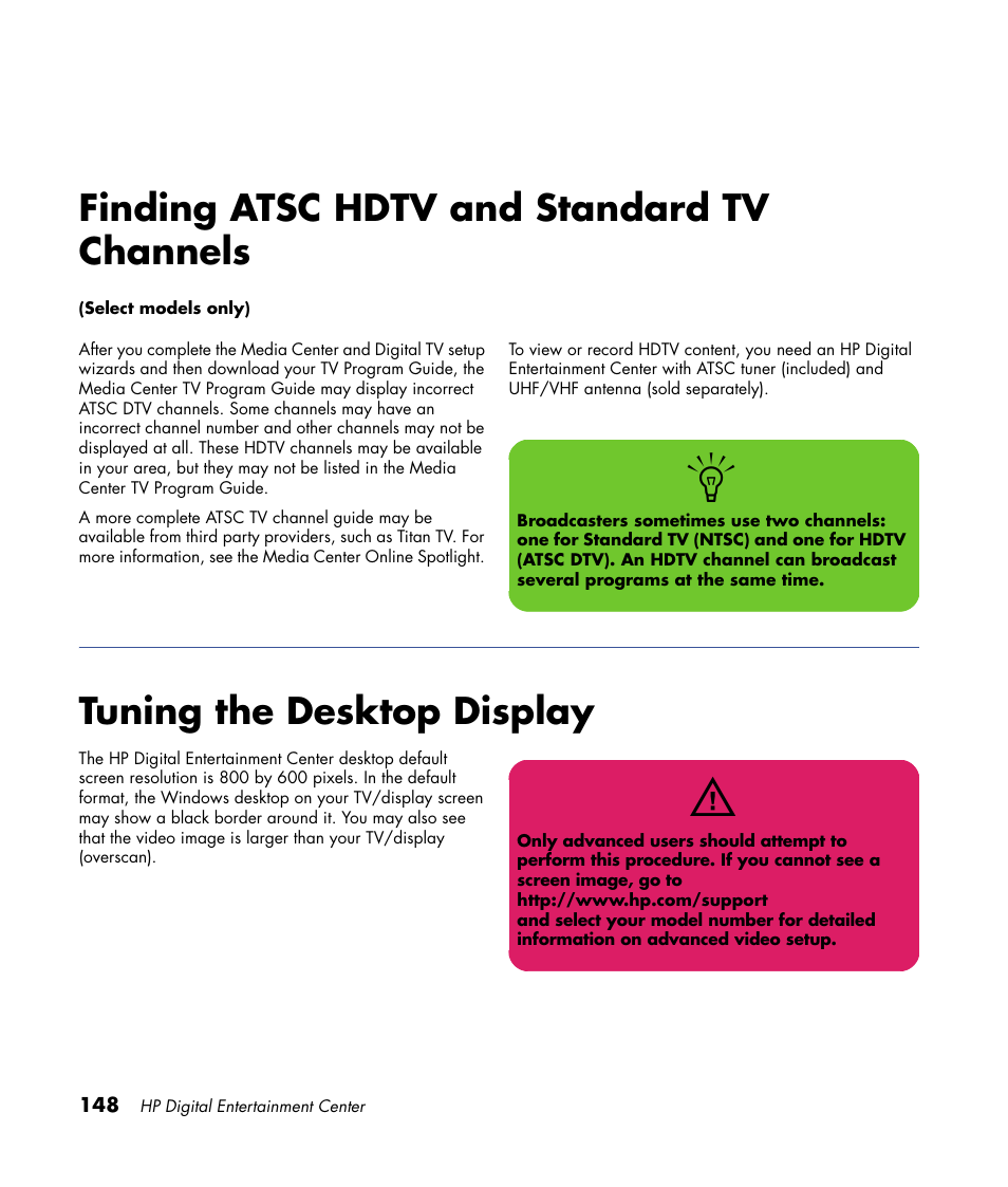 Finding atsc hdtv and standard tv channels, Tuning the desktop display, Finding atsc hdtv and standard | Tv channels | HP 2307890A User Manual | Page 154 / 194