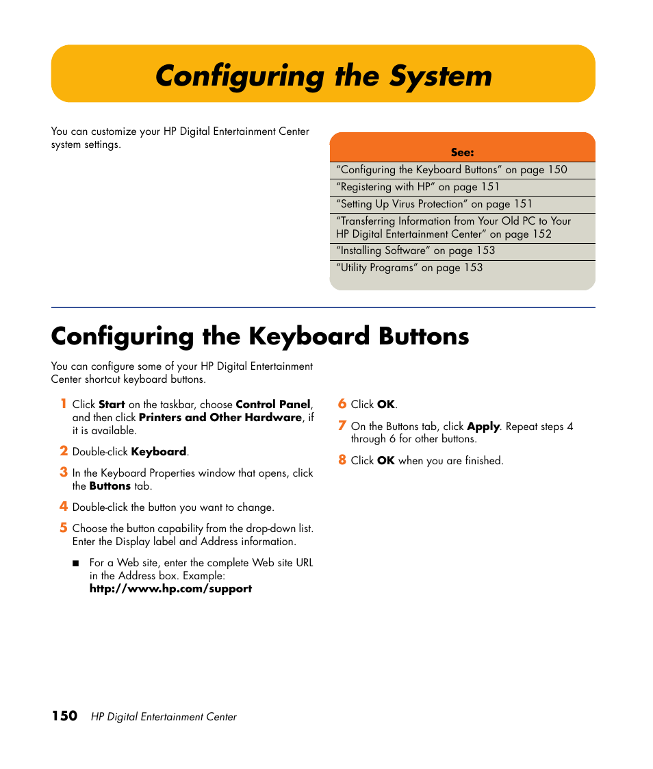 Configuring the system, Configuring the keyboard buttons | HP 2307890A User Manual | Page 156 / 194