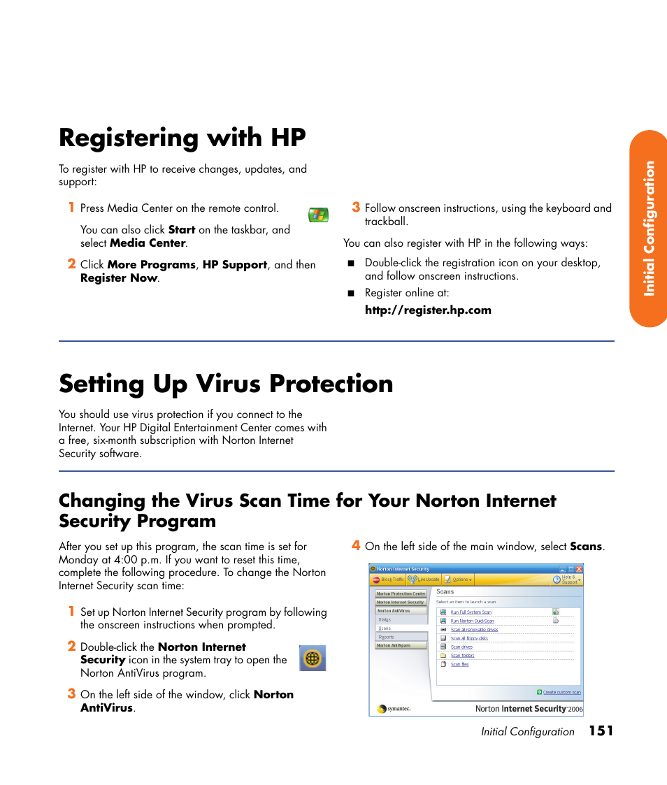 Registering with hp, Setting up virus protection, Registering with hp setting up virus protection | HP 2307890A User Manual | Page 157 / 194