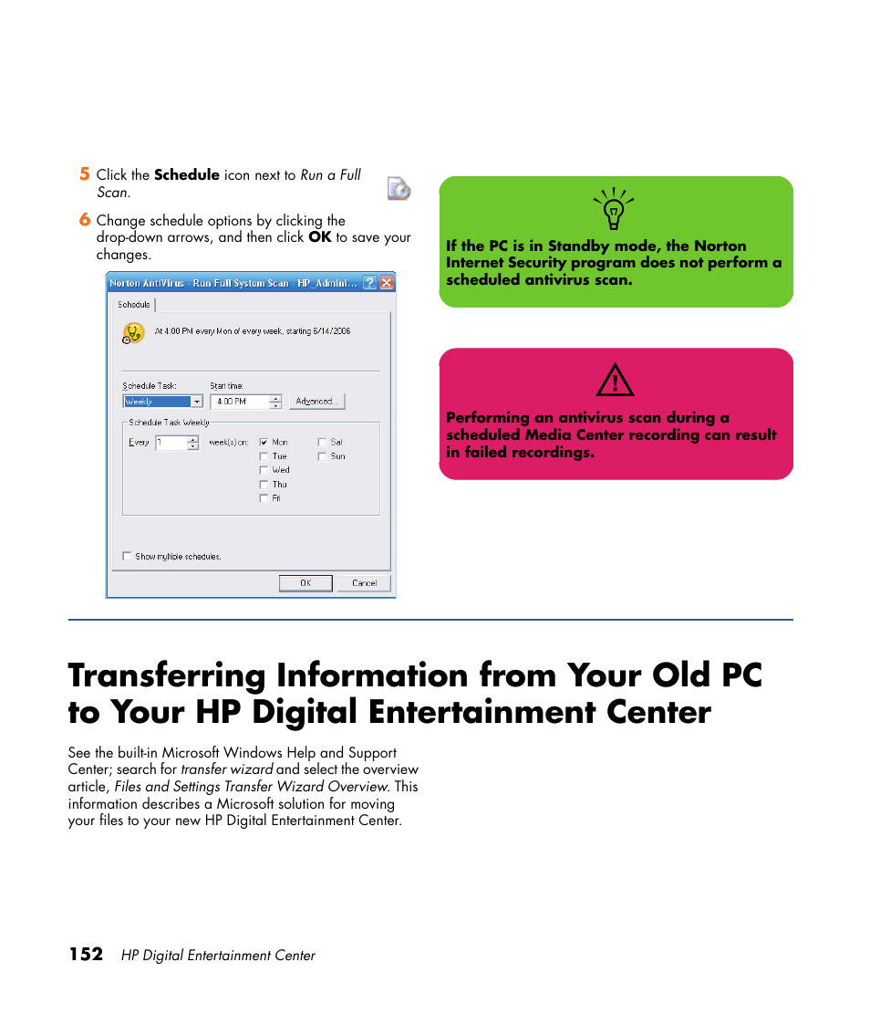 Transferring information from your old pc to, Your hp digital entertainment center | HP 2307890A User Manual | Page 158 / 194