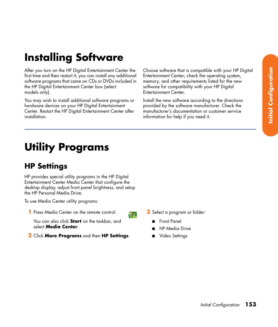 Installing software, Utility programs, Hp settings | Installing software utility programs | HP 2307890A User Manual | Page 159 / 194