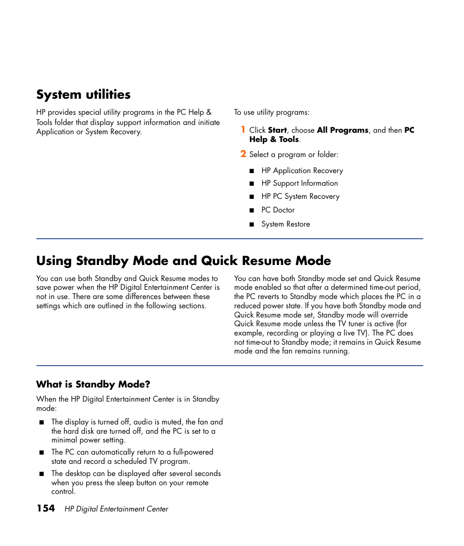 System utilities, Using standby mode and quick resume mode | HP 2307890A User Manual | Page 160 / 194