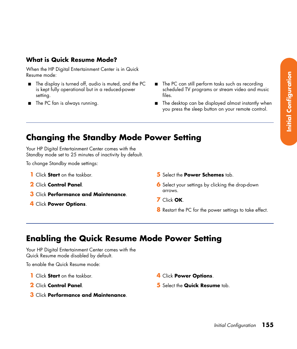 Changing the standby mode power setting, Enabling the quick resume mode power setting | HP 2307890A User Manual | Page 161 / 194