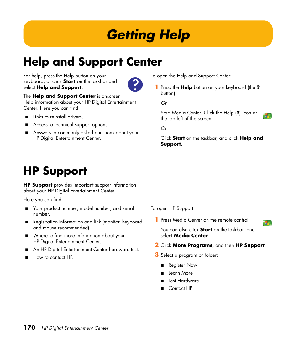 Getting help, Help and support center, Hp support | Help and support center hp support | HP 2307890A User Manual | Page 176 / 194