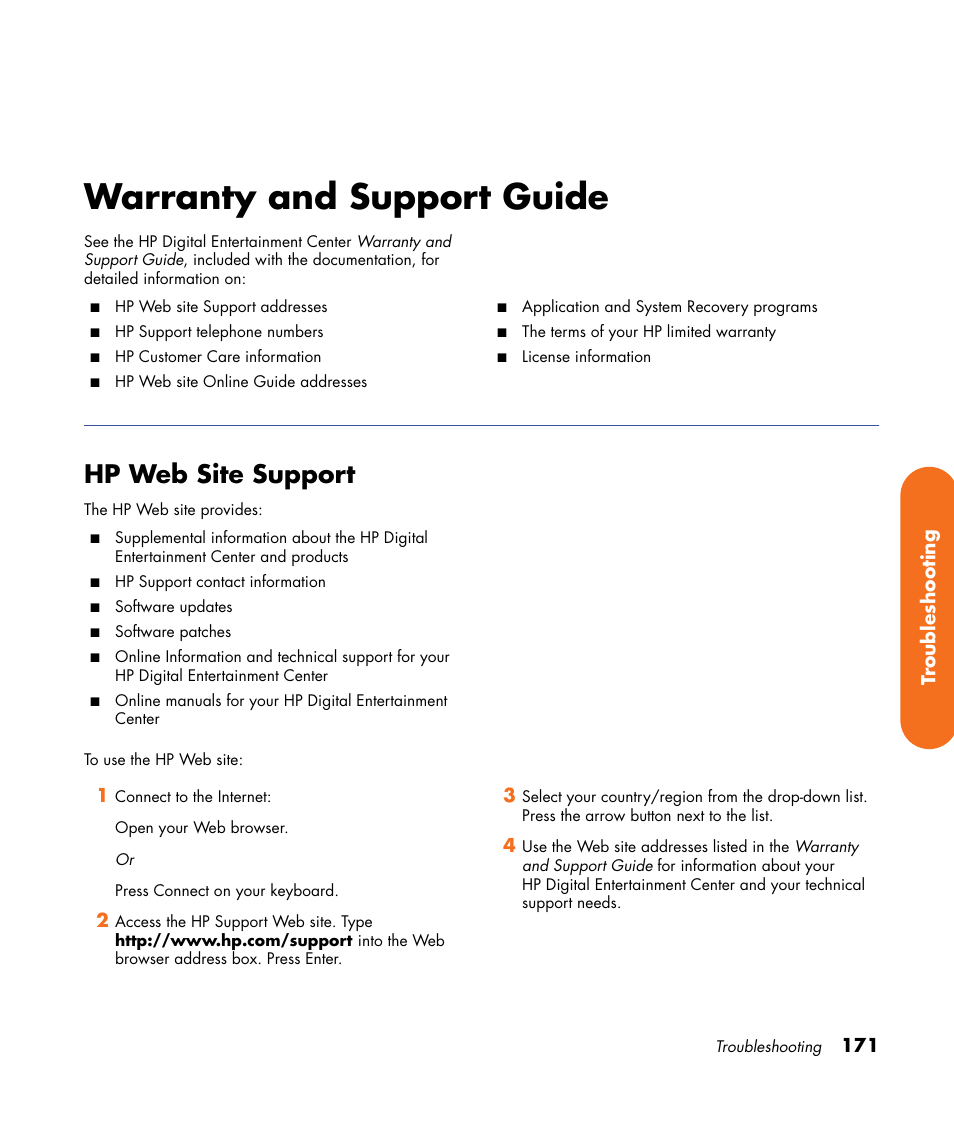 Warranty and support guide, Hp web site support | HP 2307890A User Manual | Page 177 / 194