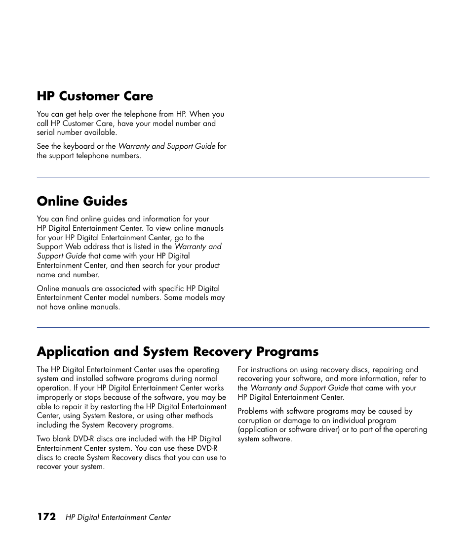 Hp customer care, Online guides, Application and system recovery programs | HP 2307890A User Manual | Page 178 / 194