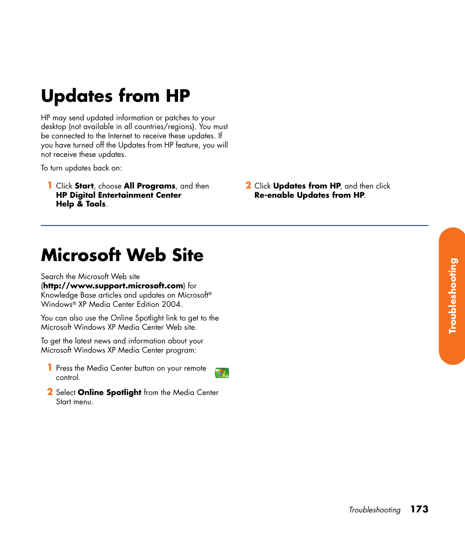 Updates from hp, Microsoft web site, Updates from hp microsoft web site | HP 2307890A User Manual | Page 179 / 194